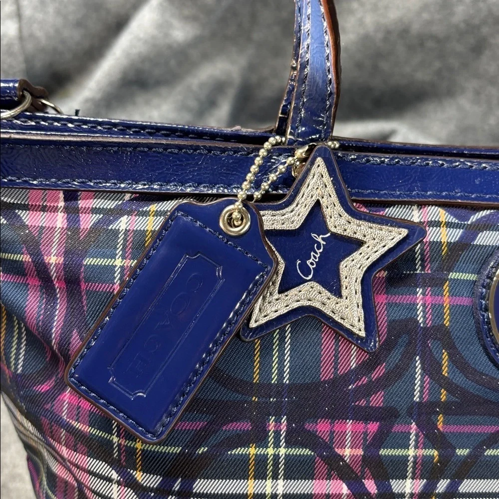 Coach Poppy leather trim Tartan Plaid Signature Bag Pink Purple Black Purse Bag